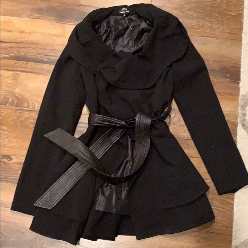 Black pea coat with tie waist